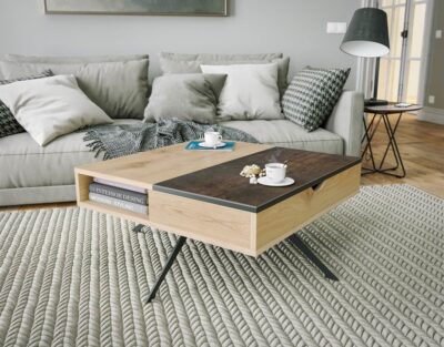 Table basse relevable pivotante couleur chêne