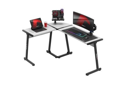Bureau gaming d’angle blanc 147 cm ergonomique