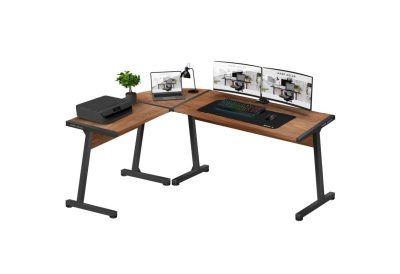 Bureau d’angle design effet noyer structure acier