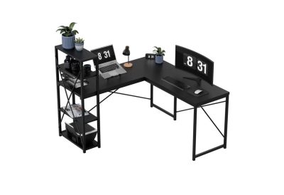 Bureau d’angle noir avec étagères style industriel 145 cm